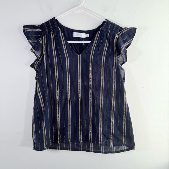 Greylin Nevaeh Navy Blue Gold Metallic Flutter Sleeve V Neck Top XS - Picture 2 of 11